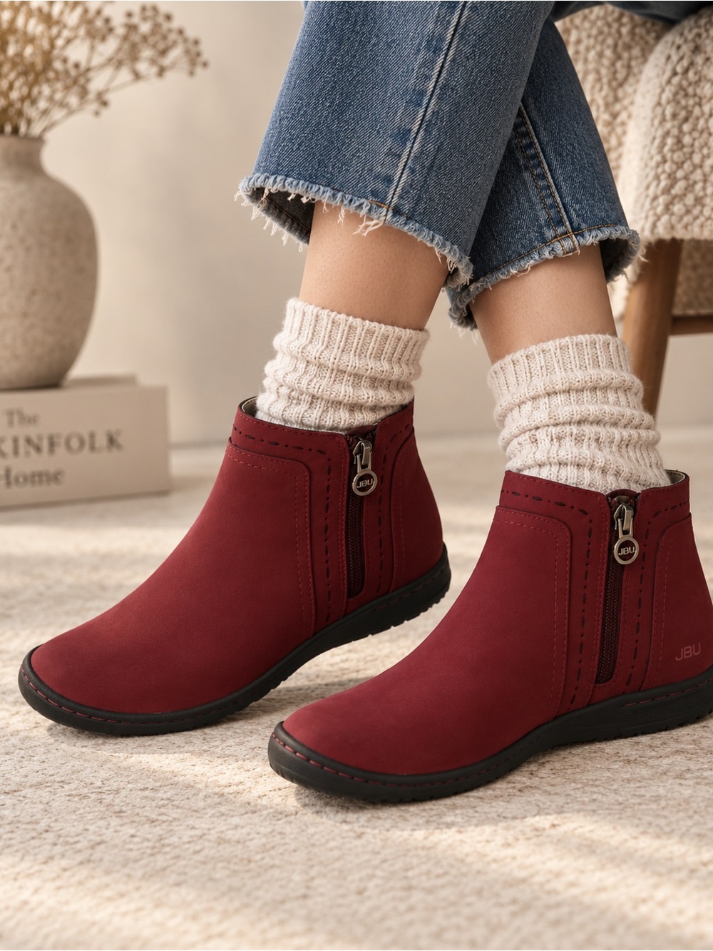 JBU Jambu Juno Ankle Boots Burgundy Vegan Leather Zipper Women Sz  8M New